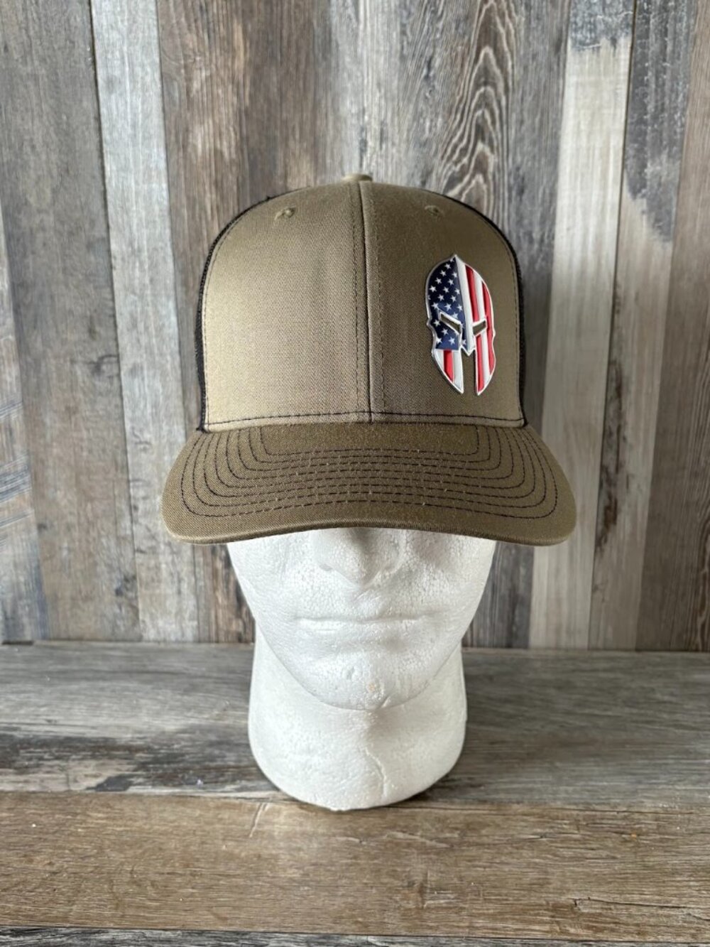 American Flag Spartan Warrior 3D Plastic Emblem Trucker Style Mesh Cap Hat